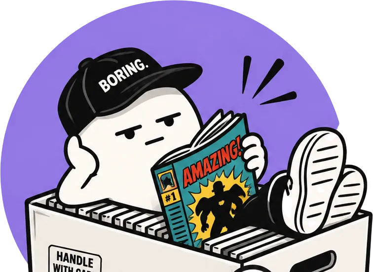 The Boring Studio mascot, cap on, feet up on a long box, reading a comic.